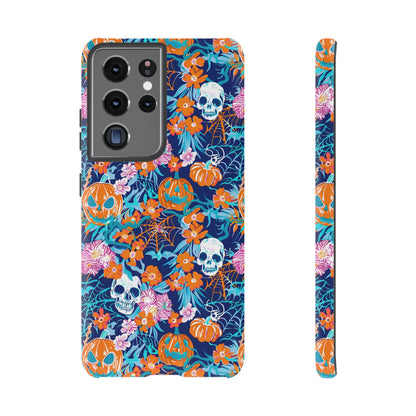 Floral Skulls and Pumpkins Halloween Phone Case – Tough Phone Case – Cute Spooky Design - iPhone 16 - Samsung Galaxy - Google Pixel