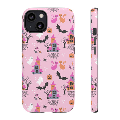 Pink Haunted House and Cats Halloween Phone Case – Tough Phone Case – Cute Spooky Design - iPhone 16 - Samsung Galaxy - Google Pixel