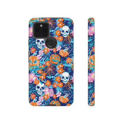 Floral Skulls and Pumpkins Halloween Phone Case – Tough Phone Case – Cute Spooky Design - iPhone 16 - Samsung Galaxy - Google Pixel