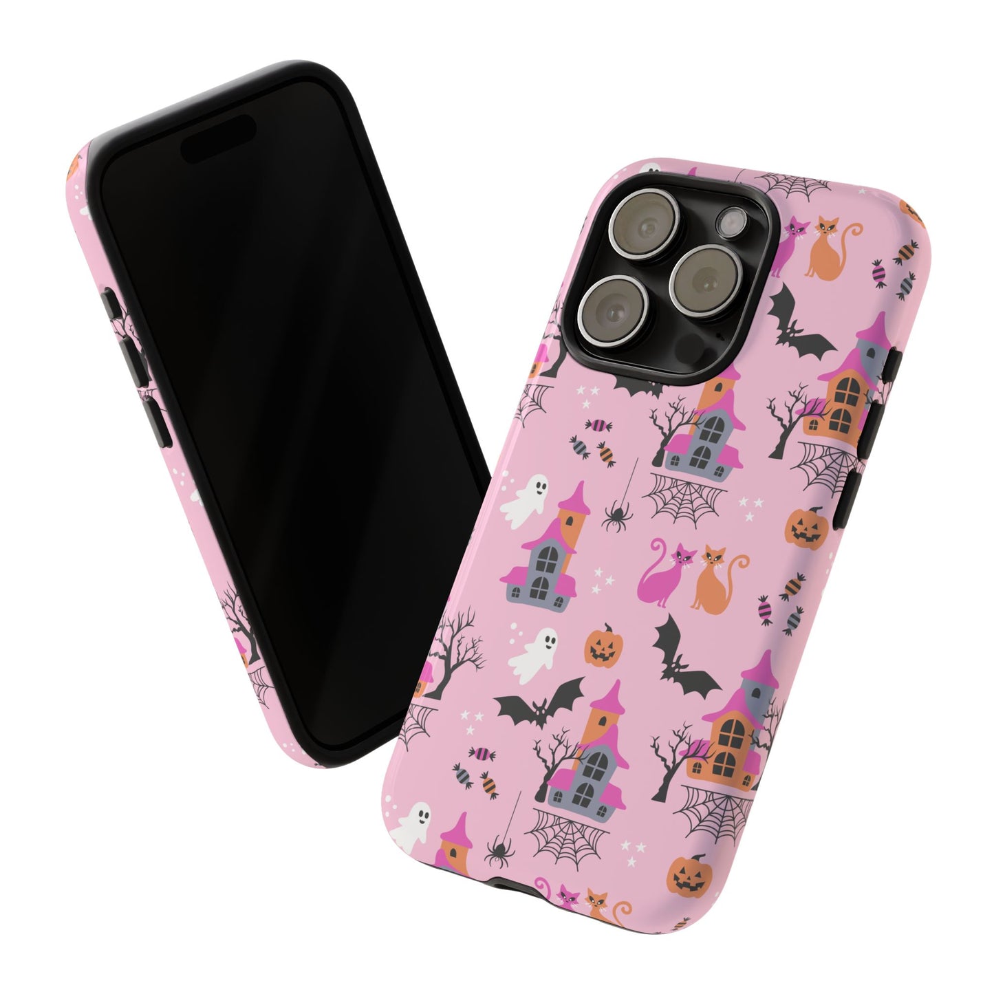 Pink Haunted House and Cats Halloween Phone Case – Tough Phone Case – Cute Spooky Design - iPhone 16 - Samsung Galaxy - Google Pixel