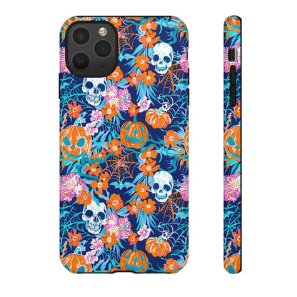 Floral Skulls and Pumpkins Halloween Phone Case – Tough Phone Case – Cute Spooky Design - iPhone 16 - Samsung Galaxy - Google Pixel