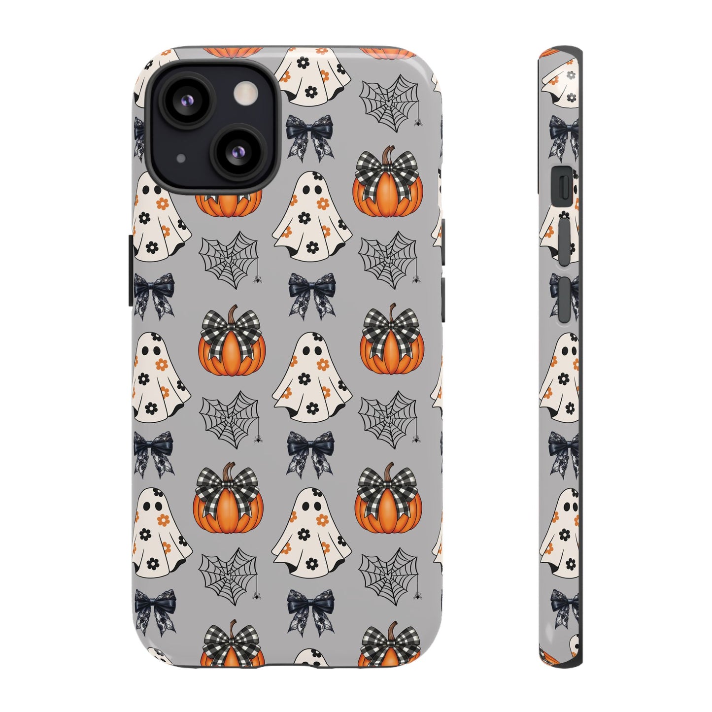 Halloween Ghosts and Pumpkins Gray Phone Case – Tough Phone Case – Cute Spooky Design - iPhone 16 - Samsung Galaxy - Google Pixel