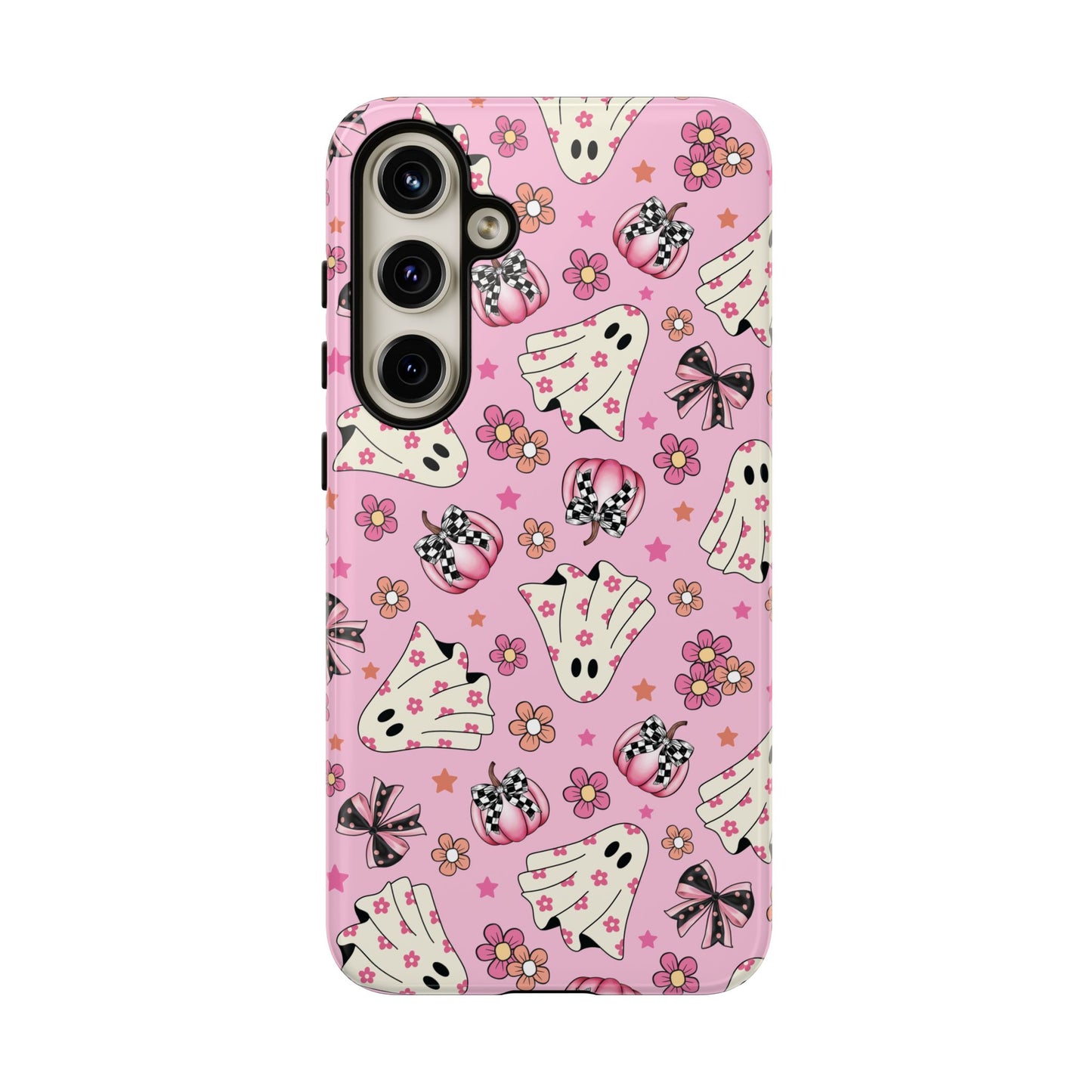 Pink Ghosts and Flowers Halloween Phone Case – Tough Phone Case – Cute Spooky Design - iPhone 16 - Samsung Galaxy - Google Pixel