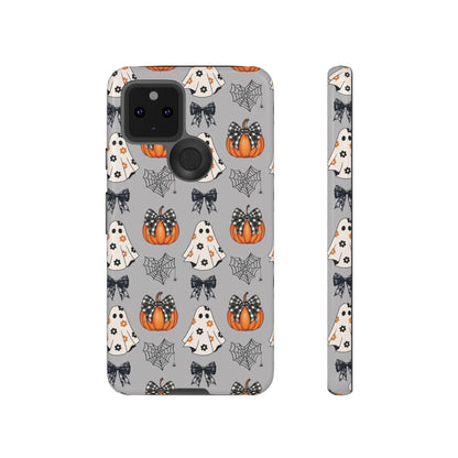 Halloween Ghosts and Pumpkins Gray Phone Case – Tough Phone Case – Cute Spooky Design - iPhone 16 - Samsung Galaxy - Google Pixel