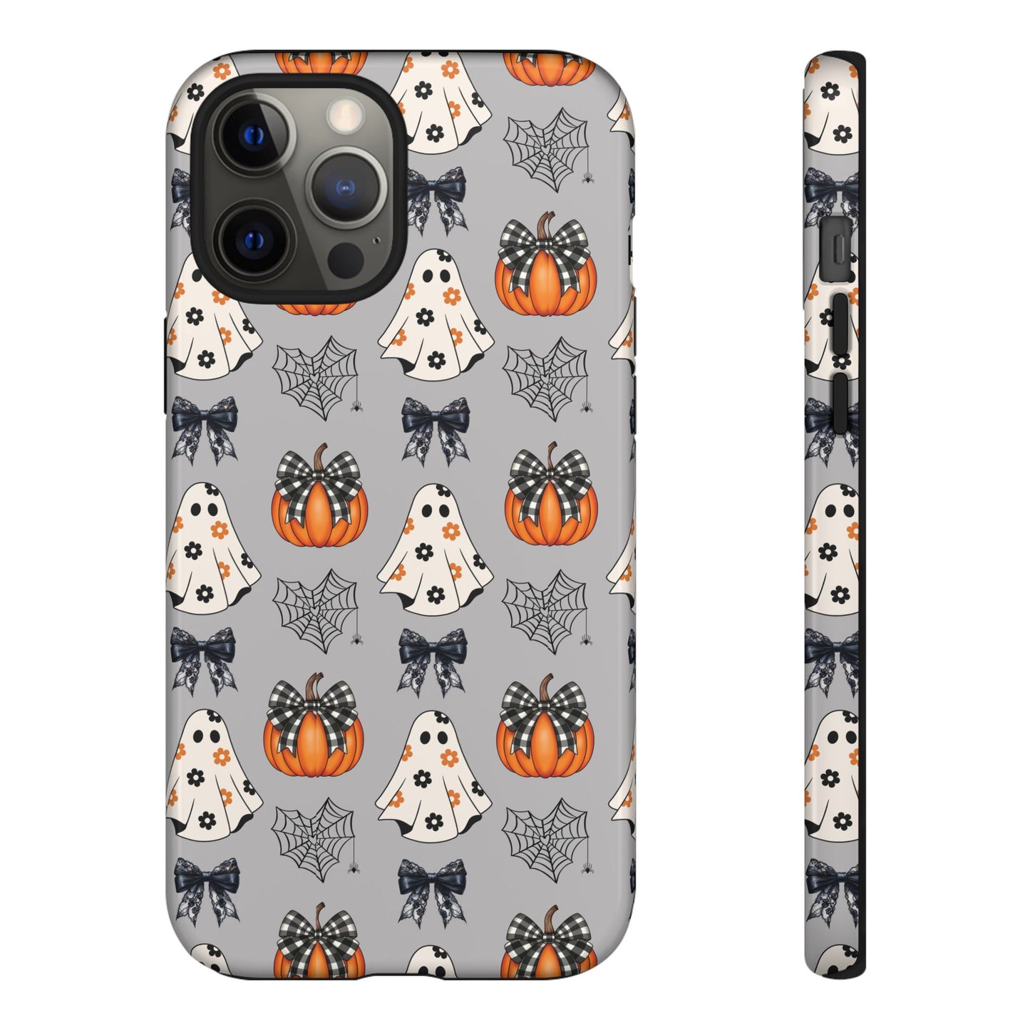 Halloween Ghosts and Pumpkins Gray Phone Case – Tough Phone Case – Cute Spooky Design - iPhone 16 - Samsung Galaxy - Google Pixel