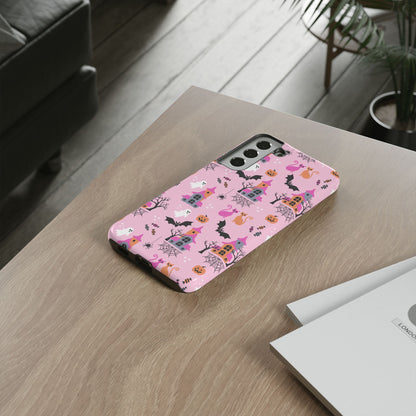 Pink Haunted House and Cats Halloween Phone Case – Tough Phone Case – Cute Spooky Design - iPhone 16 - Samsung Galaxy - Google Pixel