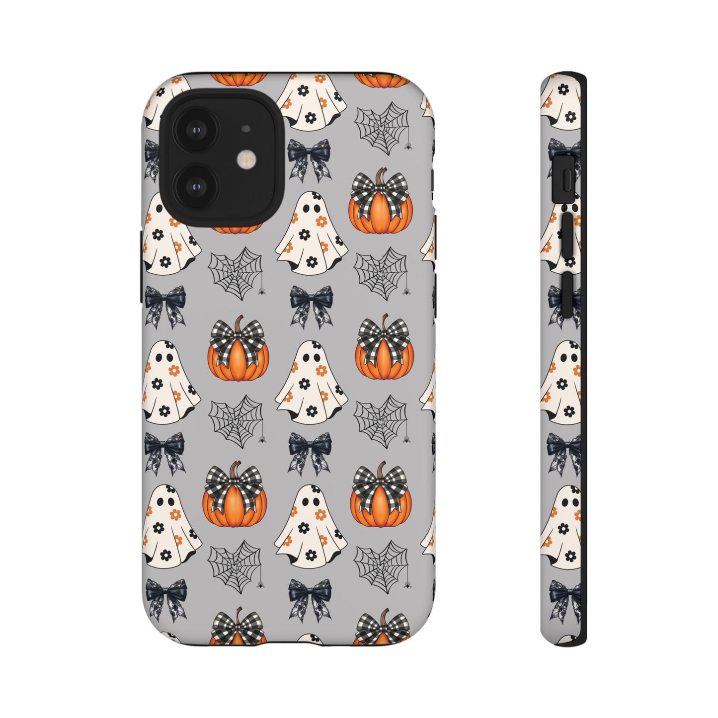 Halloween Ghosts and Pumpkins Gray Phone Case – Tough Phone Case – Cute Spooky Design - iPhone 16 - Samsung Galaxy - Google Pixel