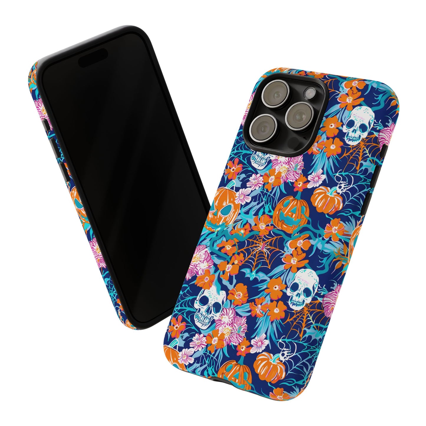 Floral Skulls and Pumpkins Halloween Phone Case – Tough Phone Case – Cute Spooky Design - iPhone 16 - Samsung Galaxy - Google Pixel