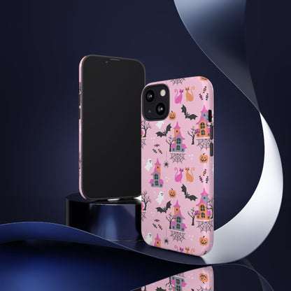 Pink Haunted House and Cats Halloween Phone Case – Tough Phone Case – Cute Spooky Design - iPhone 16 - Samsung Galaxy - Google Pixel