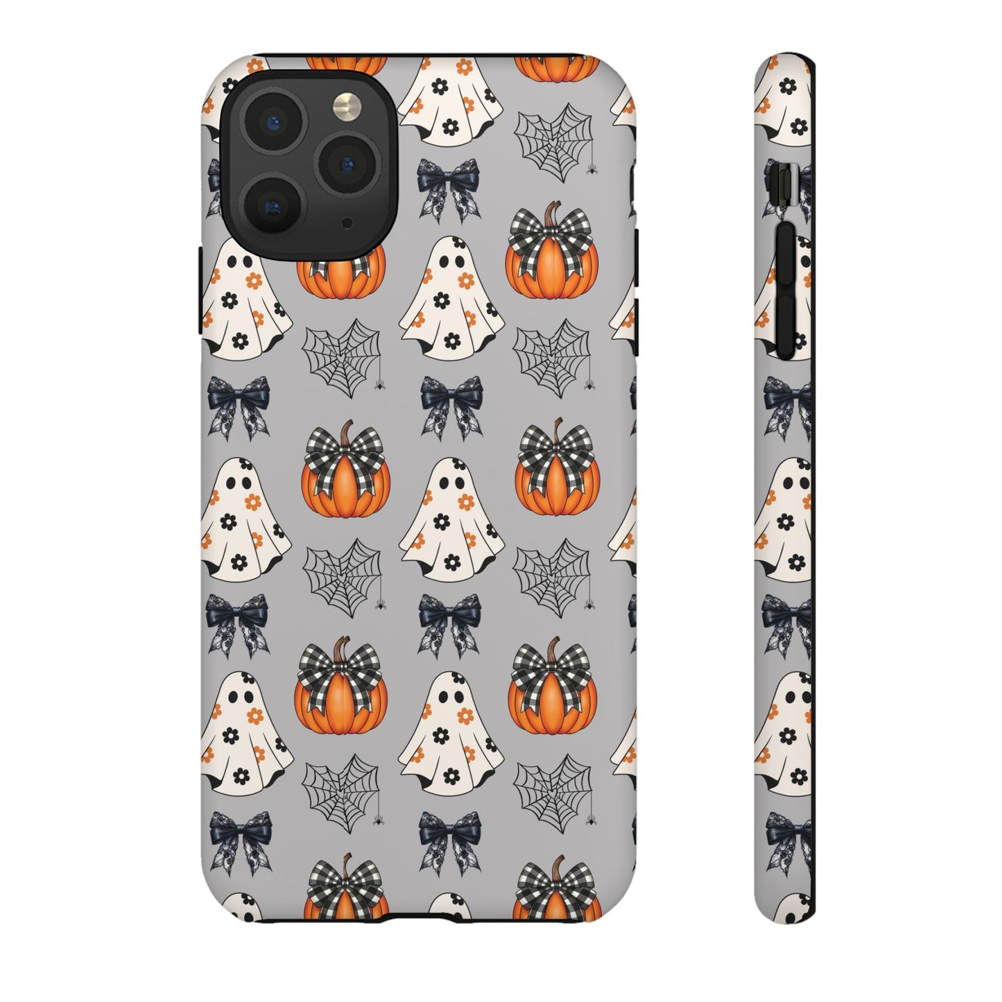 Halloween Ghosts and Pumpkins Gray Phone Case – Tough Phone Case – Cute Spooky Design - iPhone 16 - Samsung Galaxy - Google Pixel