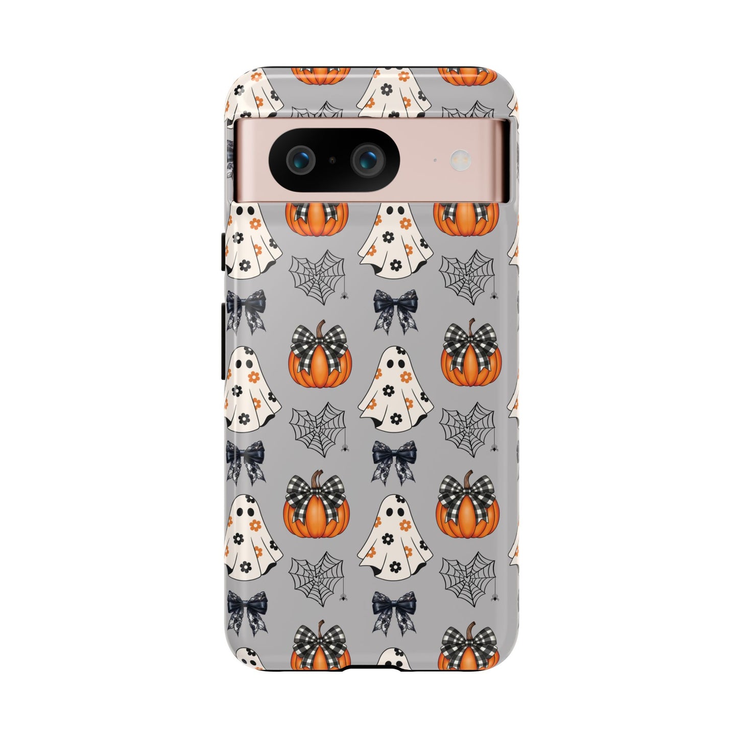 Halloween Ghosts and Pumpkins Gray Phone Case – Tough Phone Case – Cute Spooky Design - iPhone 16 - Samsung Galaxy - Google Pixel