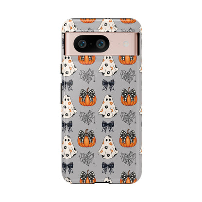 Halloween Ghosts and Pumpkins Gray Phone Case – Tough Phone Case – Cute Spooky Design - iPhone 16 - Samsung Galaxy - Google Pixel