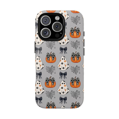 Halloween Ghosts and Pumpkins Gray Phone Case – Tough Phone Case – Cute Spooky Design - iPhone 16 - Samsung Galaxy - Google Pixel