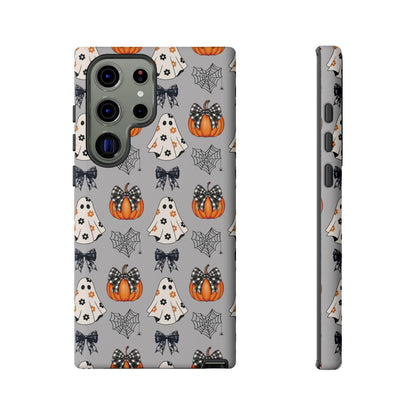 Halloween Ghosts and Pumpkins Gray Phone Case – Tough Phone Case – Cute Spooky Design - iPhone 16 - Samsung Galaxy - Google Pixel