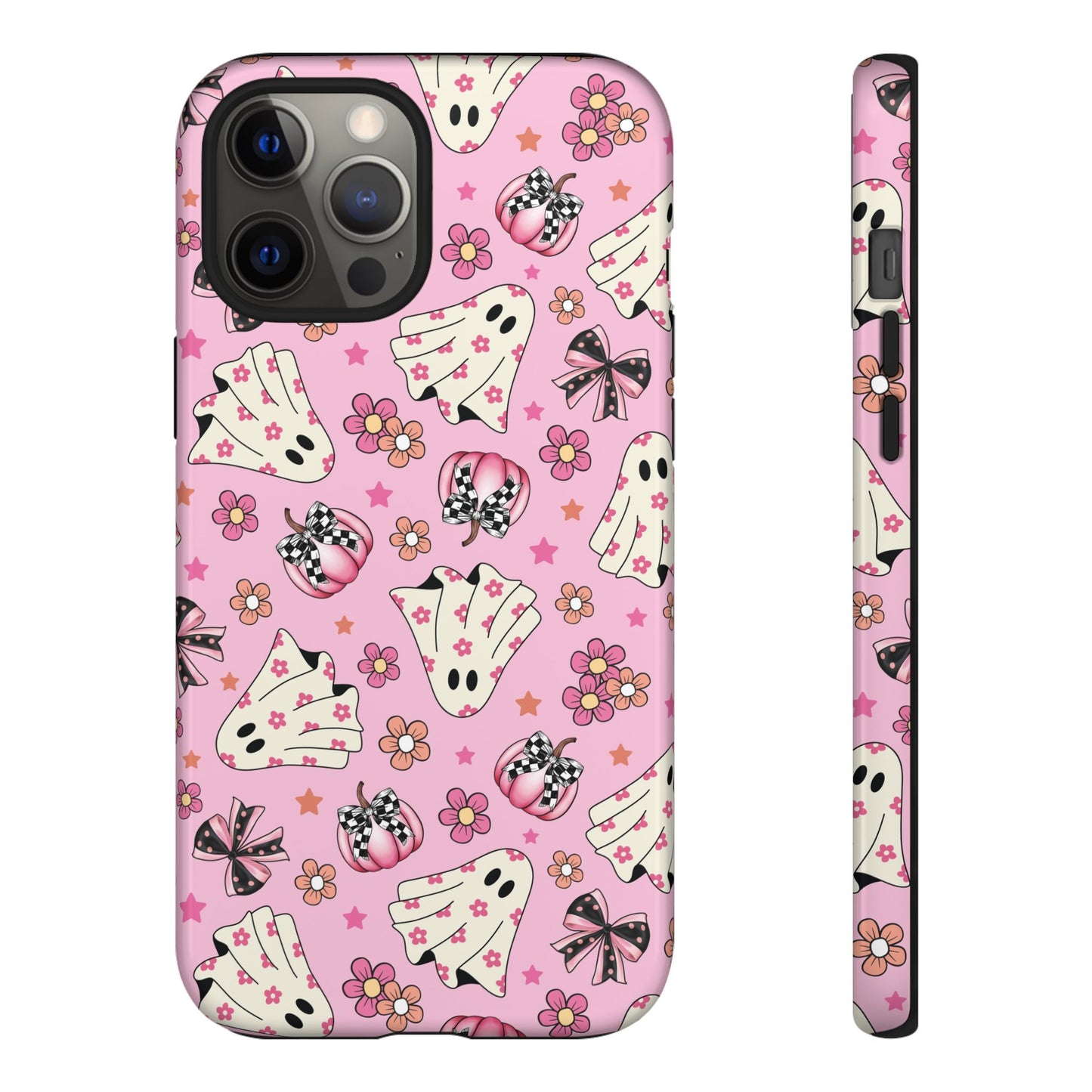 Pink Ghosts and Flowers Halloween Phone Case – Tough Phone Case – Cute Spooky Design - iPhone 16 - Samsung Galaxy - Google Pixel