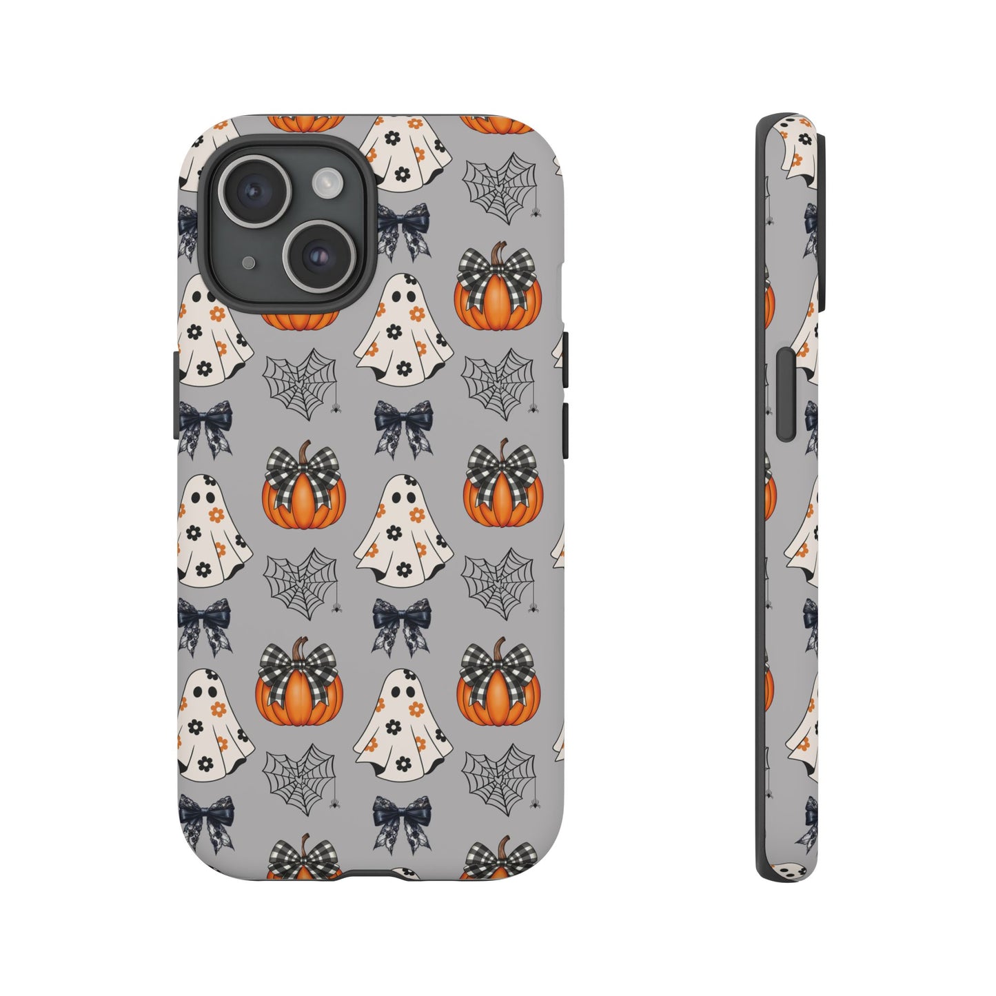 Halloween Ghosts and Pumpkins Gray Phone Case – Tough Phone Case – Cute Spooky Design - iPhone 16 - Samsung Galaxy - Google Pixel