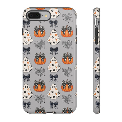 Halloween Ghosts and Pumpkins Gray Phone Case – Tough Phone Case – Cute Spooky Design - iPhone 16 - Samsung Galaxy - Google Pixel