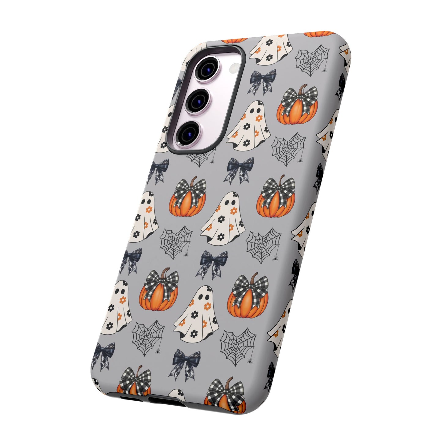 Halloween Ghosts and Pumpkins Gray Phone Case – Tough Phone Case – Cute Spooky Design - iPhone 16 - Samsung Galaxy - Google Pixel