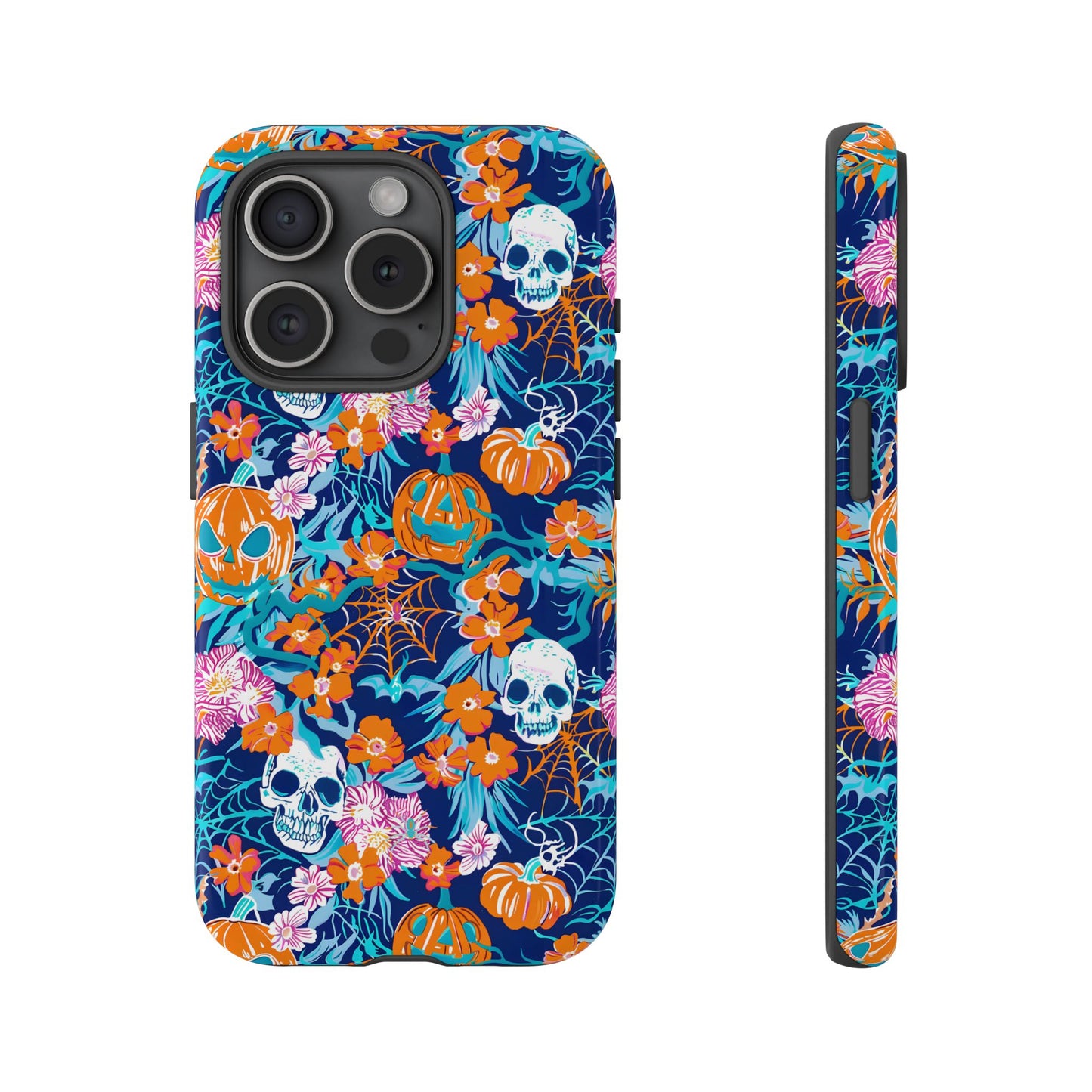 Floral Skulls and Pumpkins Halloween Phone Case – Tough Phone Case – Cute Spooky Design - iPhone 16 - Samsung Galaxy - Google Pixel