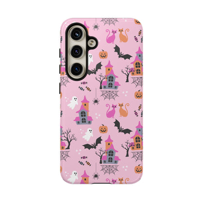 Pink Haunted House and Cats Halloween Phone Case – Tough Phone Case – Cute Spooky Design - iPhone 16 - Samsung Galaxy - Google Pixel