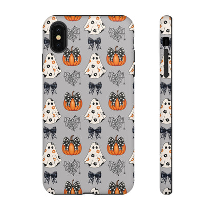 Halloween Ghosts and Pumpkins Gray Phone Case – Tough Phone Case – Cute Spooky Design - iPhone 16 - Samsung Galaxy - Google Pixel