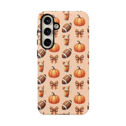 Pumpkins, Footballs, and Bows Fall Autumn Phone Case – Tough Phone Case – Cute Spooky Design - iPhone 16 - Samsung Galaxy - Google Pixel