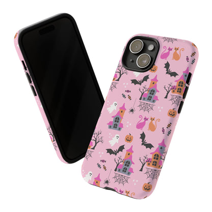 Pink Haunted House and Cats Halloween Phone Case – Tough Phone Case – Cute Spooky Design - iPhone 16 - Samsung Galaxy - Google Pixel