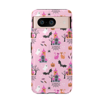 Pink Haunted House and Cats Halloween Phone Case – Tough Phone Case – Cute Spooky Design - iPhone 16 - Samsung Galaxy - Google Pixel