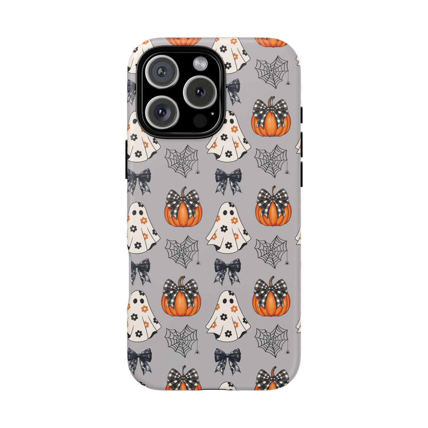 Halloween Ghosts and Pumpkins Gray Phone Case – Tough Phone Case – Cute Spooky Design - iPhone 16 - Samsung Galaxy - Google Pixel