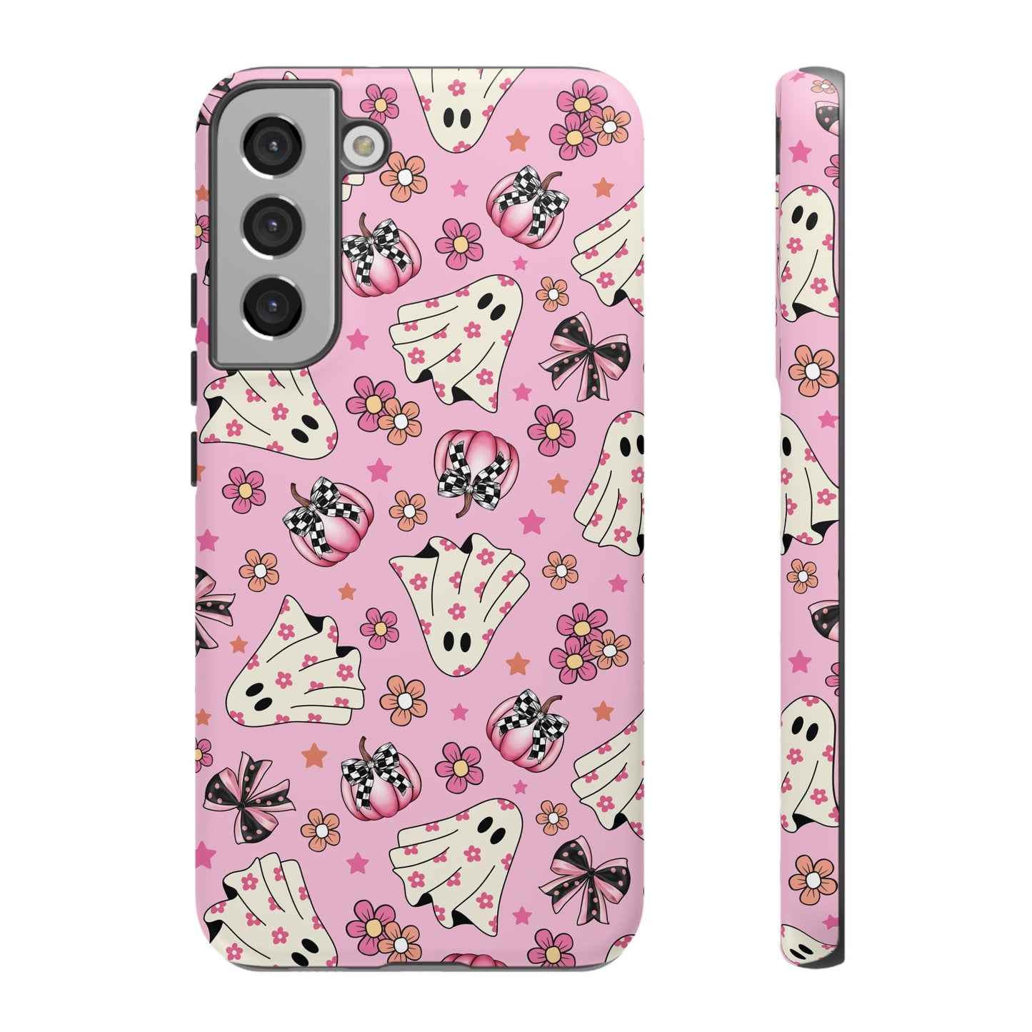 Pink Ghosts and Flowers Halloween Phone Case – Tough Phone Case – Cute Spooky Design - iPhone 16 - Samsung Galaxy - Google Pixel