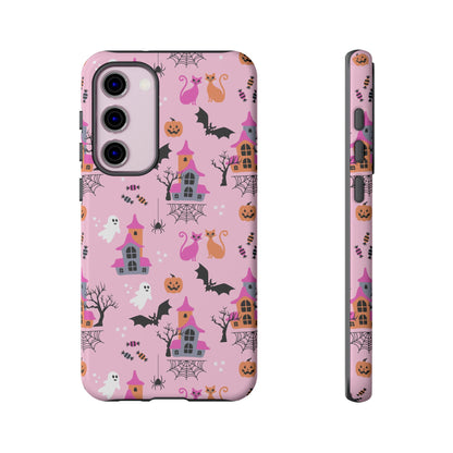 Pink Haunted House and Cats Halloween Phone Case – Tough Phone Case – Cute Spooky Design - iPhone 16 - Samsung Galaxy - Google Pixel