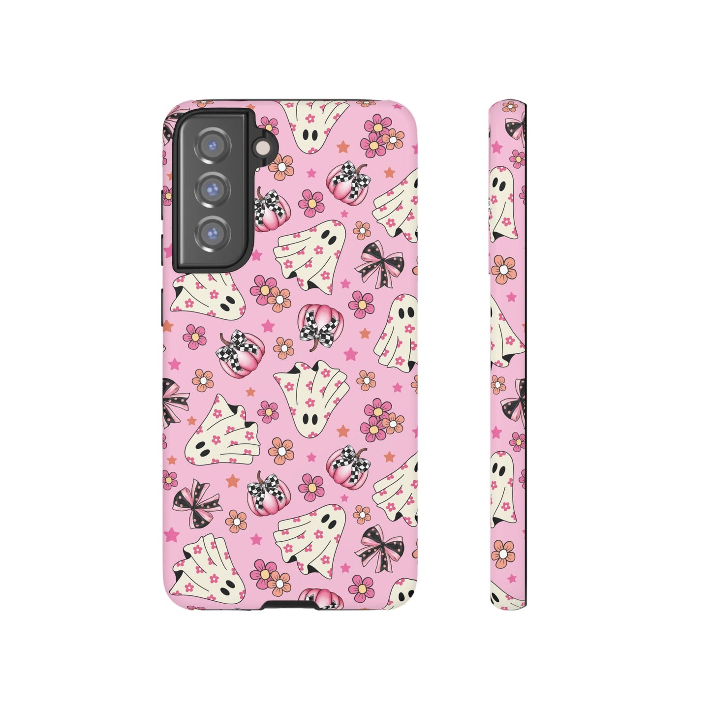 Pink Ghosts and Flowers Halloween Phone Case – Tough Phone Case – Cute Spooky Design - iPhone 16 - Samsung Galaxy - Google Pixel