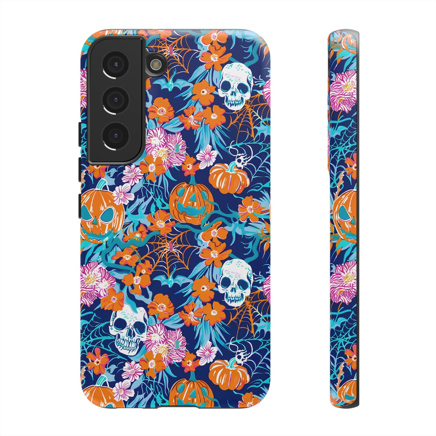 Floral Skulls and Pumpkins Halloween Phone Case – Tough Phone Case – Cute Spooky Design - iPhone 16 - Samsung Galaxy - Google Pixel