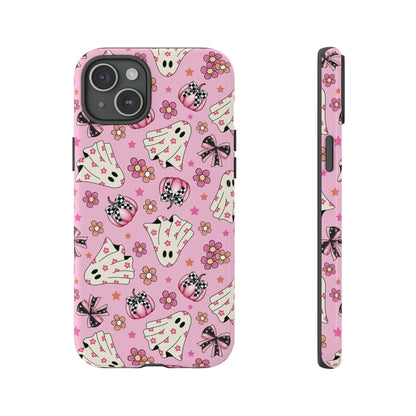 Pink Ghosts and Flowers Halloween Phone Case – Tough Phone Case – Cute Spooky Design - iPhone 16 - Samsung Galaxy - Google Pixel