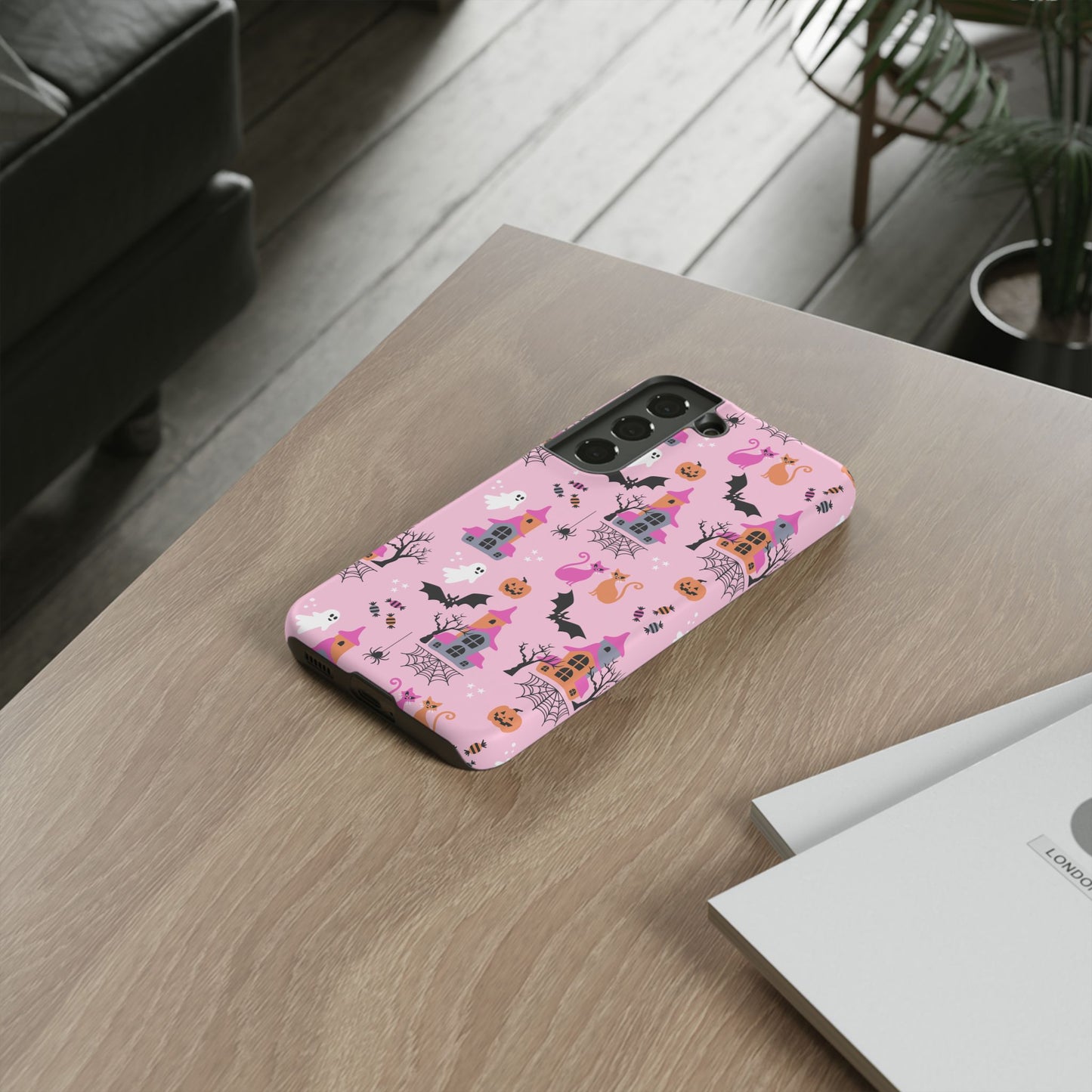 Pink Haunted House and Cats Halloween Phone Case – Tough Phone Case – Cute Spooky Design - iPhone 16 - Samsung Galaxy - Google Pixel