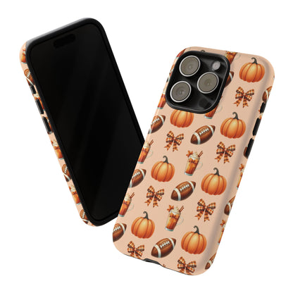 Pumpkins, Footballs, and Bows Fall Autumn Phone Case – Tough Phone Case – Cute Spooky Design - iPhone 16 - Samsung Galaxy - Google Pixel