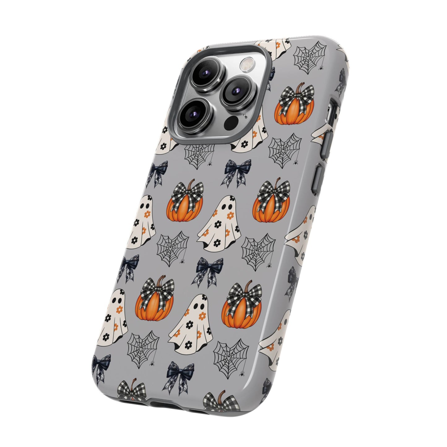 Halloween Ghosts and Pumpkins Gray Phone Case – Tough Phone Case – Cute Spooky Design - iPhone 16 - Samsung Galaxy - Google Pixel