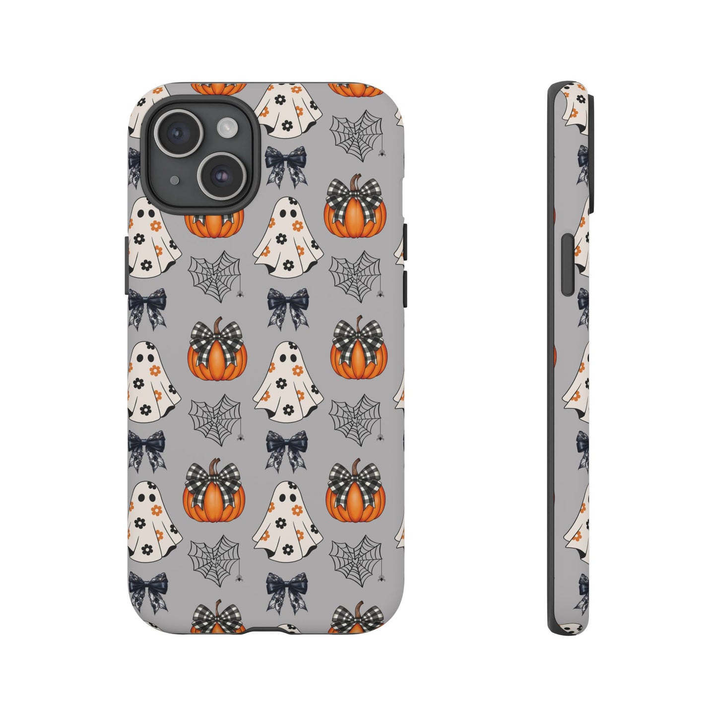 Halloween Ghosts and Pumpkins Gray Phone Case – Tough Phone Case – Cute Spooky Design - iPhone 16 - Samsung Galaxy - Google Pixel