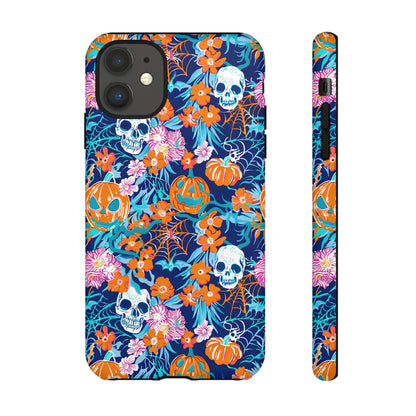 Floral Skulls and Pumpkins Halloween Phone Case – Tough Phone Case – Cute Spooky Design - iPhone 16 - Samsung Galaxy - Google Pixel