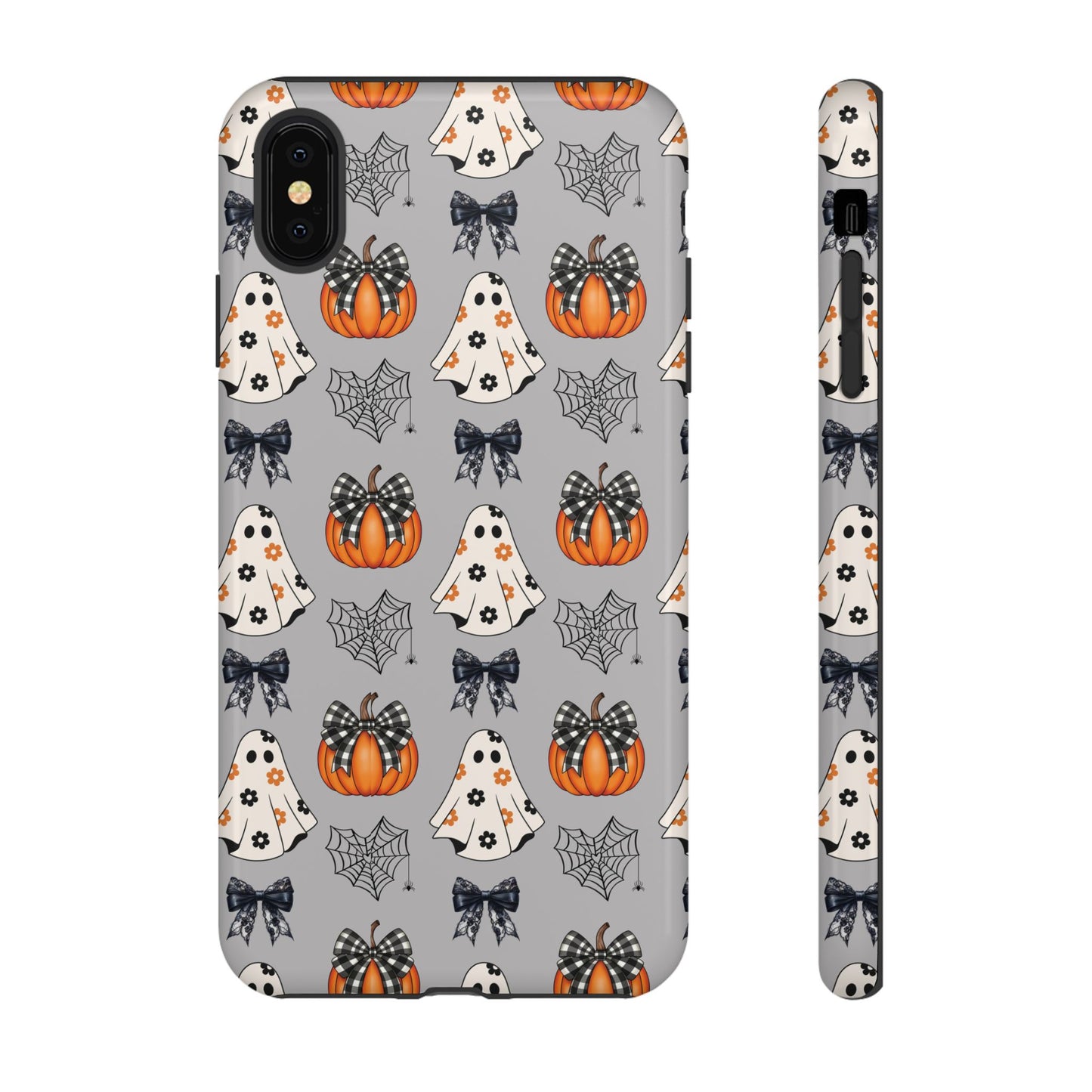 Halloween Ghosts and Pumpkins Gray Phone Case – Tough Phone Case – Cute Spooky Design - iPhone 16 - Samsung Galaxy - Google Pixel