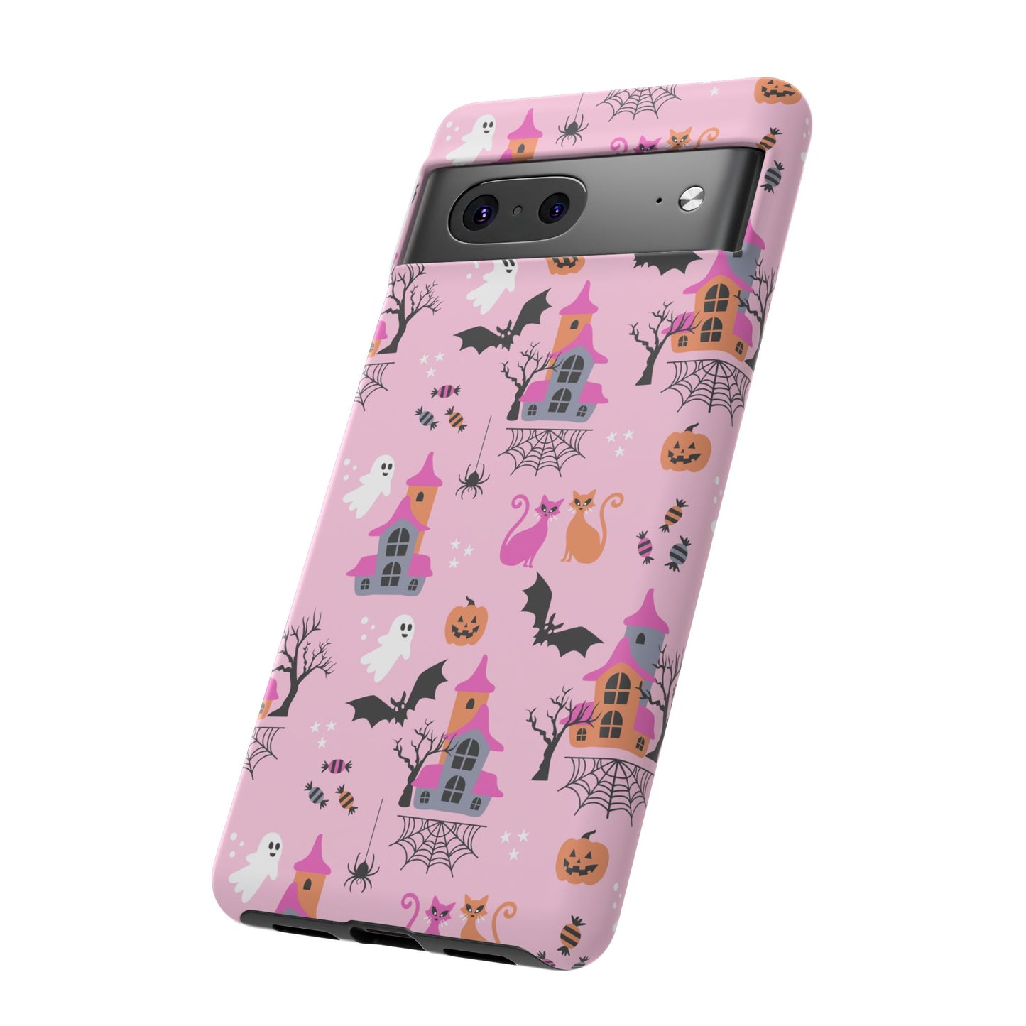 Pink Haunted House and Cats Halloween Phone Case – Tough Phone Case – Cute Spooky Design - iPhone 16 - Samsung Galaxy - Google Pixel