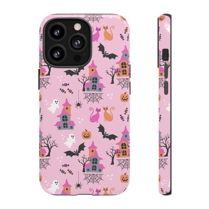 Pink Haunted House and Cats Halloween Phone Case – Tough Phone Case – Cute Spooky Design - iPhone 16 - Samsung Galaxy - Google Pixel