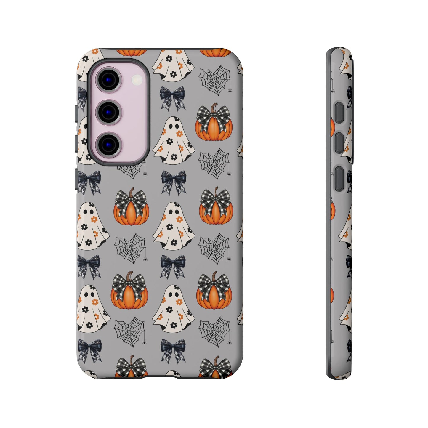 Halloween Ghosts and Pumpkins Gray Phone Case – Tough Phone Case – Cute Spooky Design - iPhone 16 - Samsung Galaxy - Google Pixel