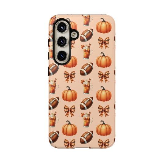 Pumpkins, Footballs, and Bows Fall Autumn Phone Case – Tough Phone Case – Cute Spooky Design - iPhone 16 - Samsung Galaxy - Google Pixel