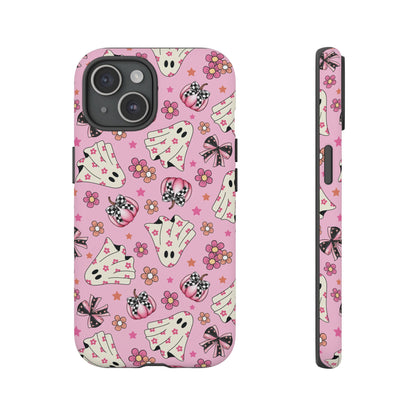 Pink Ghosts and Flowers Halloween Phone Case – Tough Phone Case – Cute Spooky Design - iPhone 16 - Samsung Galaxy - Google Pixel