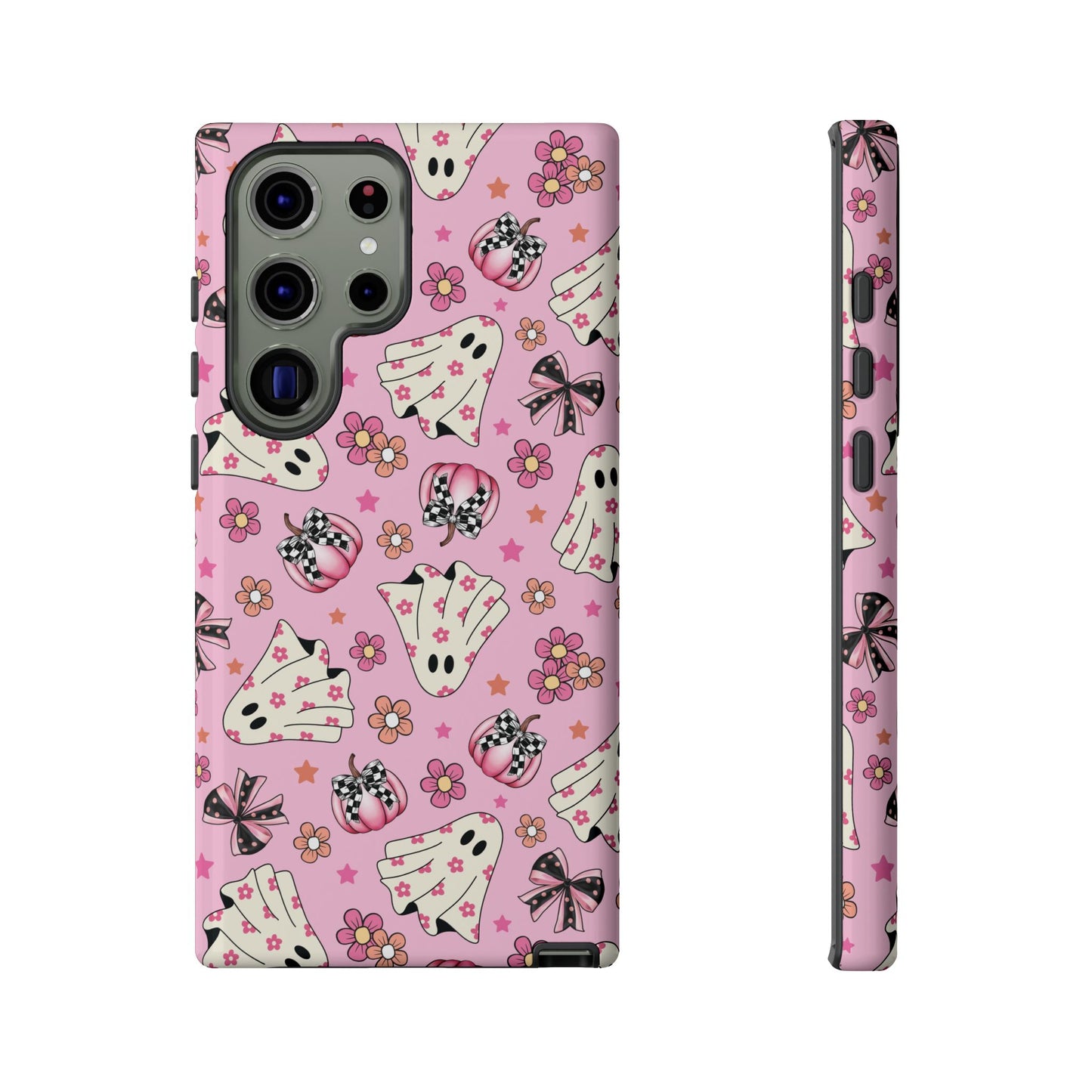 Pink Ghosts and Flowers Halloween Phone Case – Tough Phone Case – Cute Spooky Design - iPhone 16 - Samsung Galaxy - Google Pixel