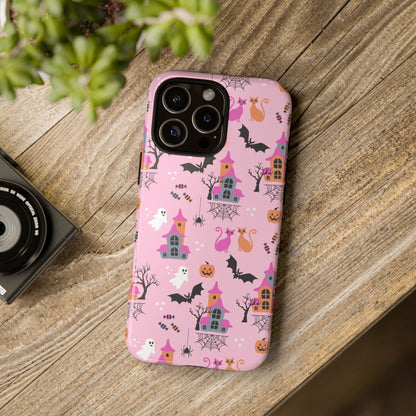 Pink Haunted House and Cats Halloween Phone Case – Tough Phone Case – Cute Spooky Design - iPhone 16 - Samsung Galaxy - Google Pixel