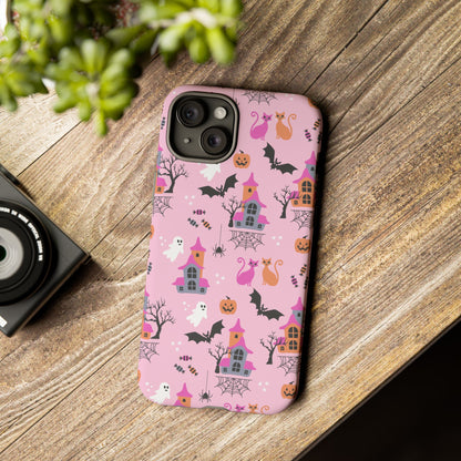 Pink Haunted House and Cats Halloween Phone Case – Tough Phone Case – Cute Spooky Design - iPhone 16 - Samsung Galaxy - Google Pixel