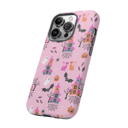 Pink Haunted House and Cats Halloween Phone Case – Tough Phone Case – Cute Spooky Design - iPhone 16 - Samsung Galaxy - Google Pixel