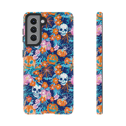 Floral Skulls and Pumpkins Halloween Phone Case – Tough Phone Case – Cute Spooky Design - iPhone 16 - Samsung Galaxy - Google Pixel